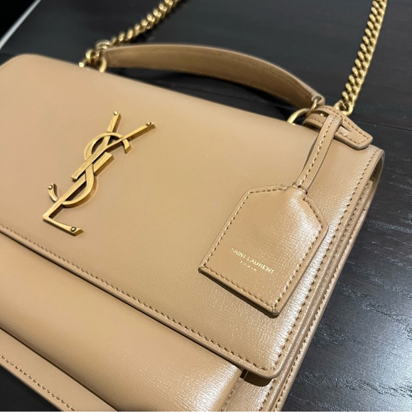 YSL Sunset Top Handle Medium Smooth Leather Shoulder Bag in Dark Beige - Picture 3 of 10